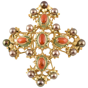 Outstanding Tony Duquette Chrysoprase, Coral and Black Pearl Gold Brooch Pin