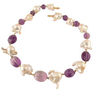 Exquisite Tony Duquette Fluted Amethyst and Pearl Statement Necklace