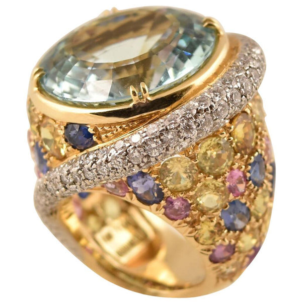 Amazing Tony Duquette Aquamarine, Multi-Color Sapphire Diamond Gold Ring