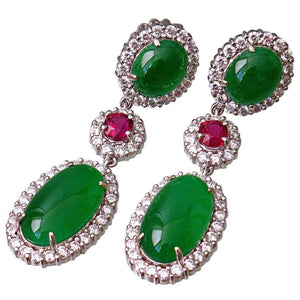 Natural Jade Ruby Diamond Gold Drop Earrings