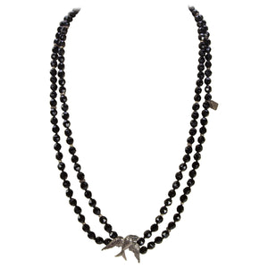 Faceted Onyx Beads and Sterling Silver Swallow Bird Statement Necklace