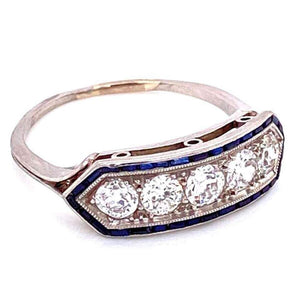 Diamond and Sapphire Art Deco Platinum Bar Engagement Ring Estate Fine Jewelry