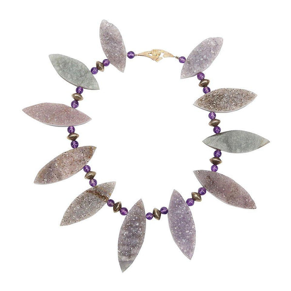 Gem Amethyst Marquise Navette Shaped Druzy Silver Necklace