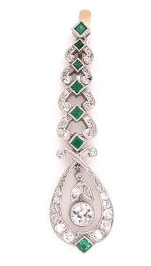 Art Deco Diamond and Emerald Platinum Dangle Earrings Estate Fine Jewelry