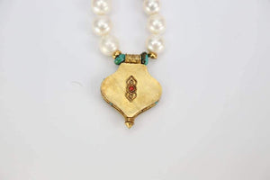 Pearl Coral and Turquoise Necklace with a Tibetan Gau Gilt Silver Pendant