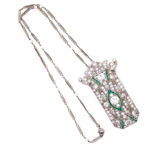 Diamond and Emerald Art Deco Style Platinum Brooch Pendant Necklace Fine Estate