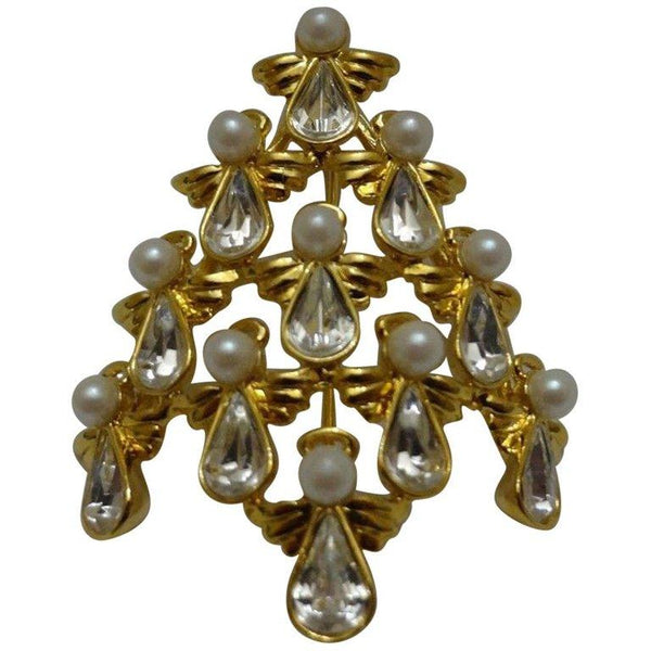 Butler Wilson Designer BW Faux Diamond Pearl Angel Christmas Tree Brooch Pin