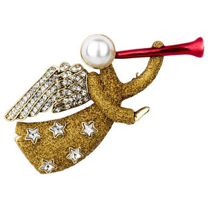 Butler Wilson Designer Signed BW Gold Glitter Crystal Angel with Horn Brooch Pin
