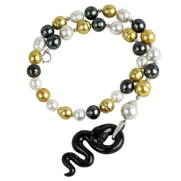 Black Jade Pearl Diamond 18Karat Gold Serpent Snake Necklace Estate Fine Jewelry