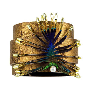 Stylized Peacock Feather Pendant on Leather Cuff