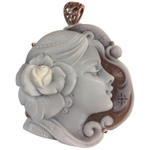 Portrait Carved Shell Cameo Rose Gold Sterling Silver Heirloom Quality Pendant