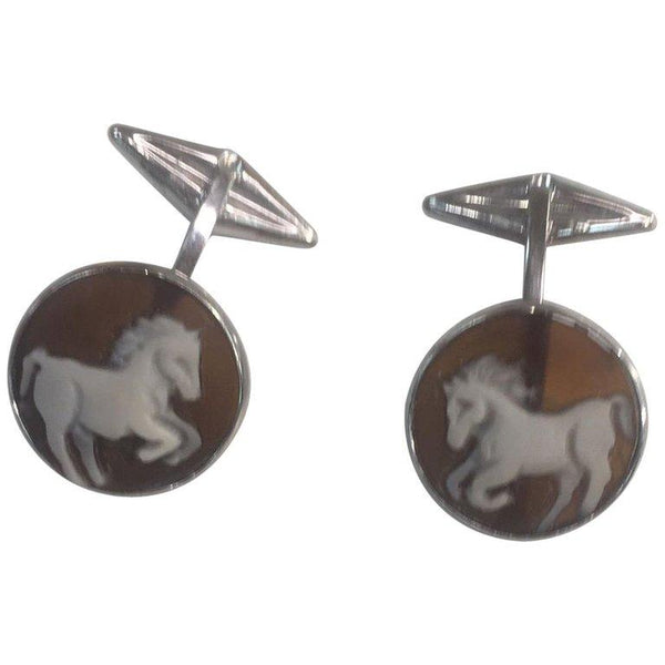 Equestrian Horse Shell Cameo Sterling Silver Heirloom Quality Cufflinks