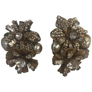 Estate Miriam Haskell Faux Pearl and Crystal Antique Clip On Earrings