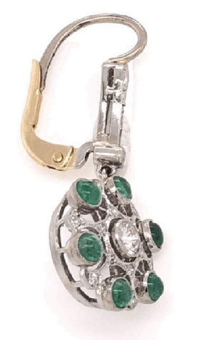 Emerald and Diamond Cluster Drop Platinum Earrings Estate Fine Jewelry
