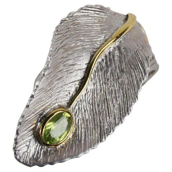 Vintage Peridot Leaf Ring 14K Gold Accents Sterling Silver Estate Fine Jewelry