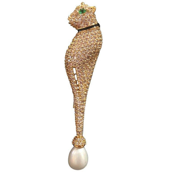 Fabulous Vintage Faux Diamond Emerald Pearl Panther Statement Brooch Pin Estate