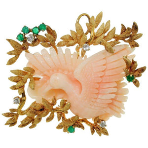 Angel Skin Coral Emerald Diamond Gold Brooch Pin Pendant Estate Fine Jewelry