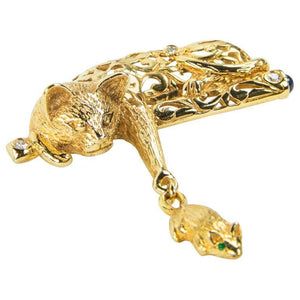 Vintage Whimsical Cat and Mouse Gold Brooch Pin Estate Fine Jewelry