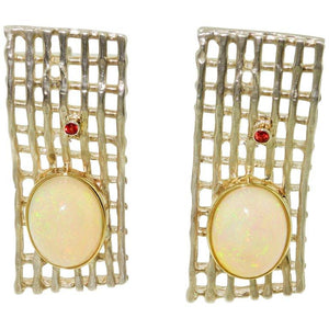 Vintage Opal Sapphire Rhodium Sterling Silver Gold Earrings Estate Fine Jewelry