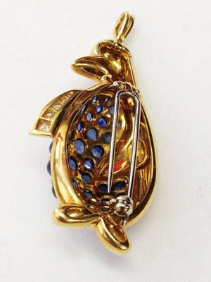 Alessandria Sapphire Encrusted Gold Penguin Pin Brooch Pendant
