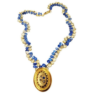Victorian Mourning Locket and Sapphire Citrine Gold Briolettes Necklace