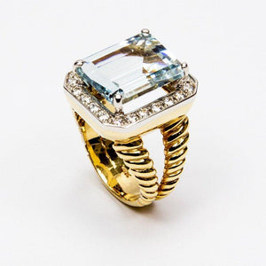 Step-Cut Aquamarine Diamond Gold Ring