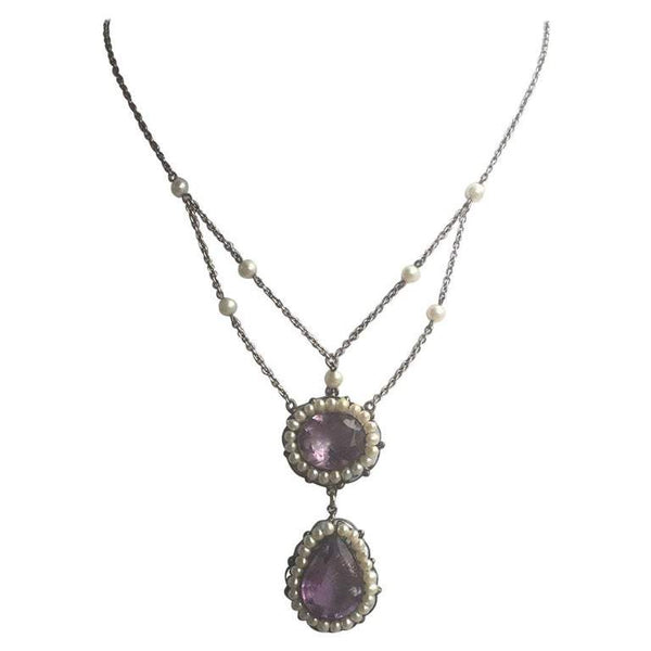 Antique Amethyst Pearl Sterling Silver Y Statement Necklace
