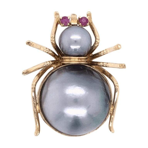 Vintage Large Pearl & Ruby Gold Spider Brooch Pin Pendant Fine Estate Jewelry