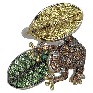 Vintage Multi-Color Sapphire Diamond Gold Frog on Leaf Ring Estate Fine Jewelry