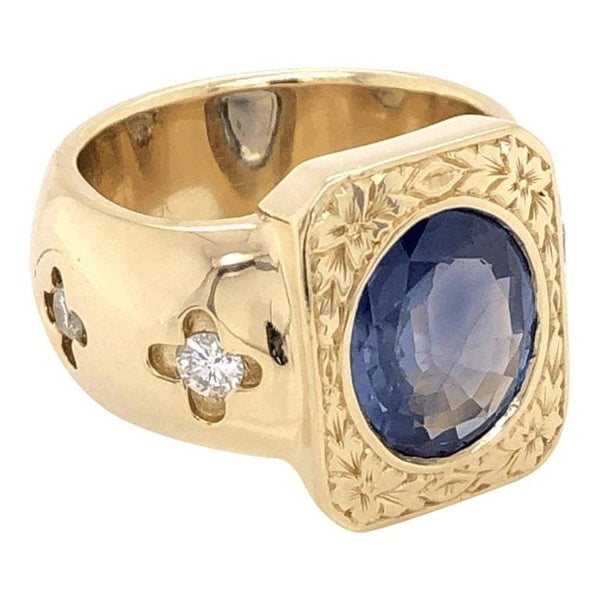 Mid-Century Modern 4 Carat Blue Sapphire Diamond Gold Ring Estate Fine Jewelry