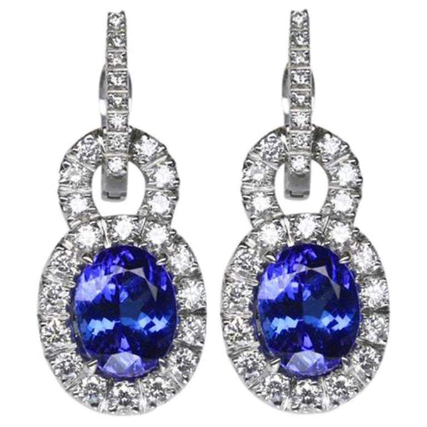 6.50 Carat Vivid Blue Tanzanite Diamond Drop Gold Earrings Estate Fine Jewelry