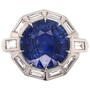 9.11 Carat Blue Sapphire Diamond Platinum Ring Estate Fine Jewelry, circa 1950s