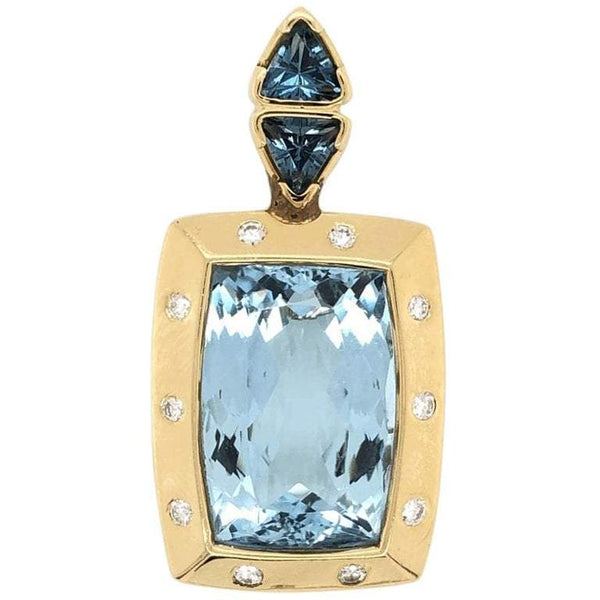 20 Carat Blue Topaz Gemstone & Diamond Gold Pendant Enhancer Fine Estate Jewelry