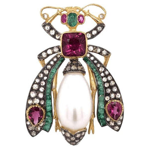 Tourmaline Emerald and Diamond Gold Beetle Scarab Brooch Pin Fine Estate Jewelry