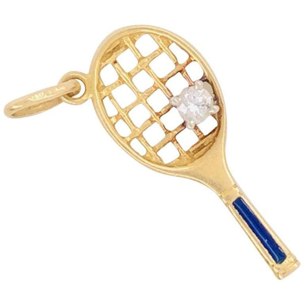 Tennis Racket Diamond Blue Enamel Gold Charm Pendant Estate Fine Jewelry