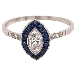 Blue Sapphire Diamond Halo Platinum Engagement Ring Estate Fine Jewelry