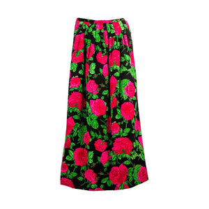 Striking Adolfo Red Pink Green and Black Pleated Floral Silk Long Skirt