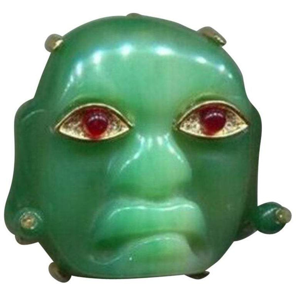Signed KJL Faux Green Jade Mask Kenneth Jay Lane Brooch Pin Estate Find