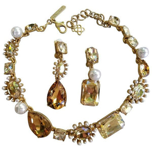 Oscar De La Renta Faux Pearls and Crystal Necklace and Drop Earrings Estate Find