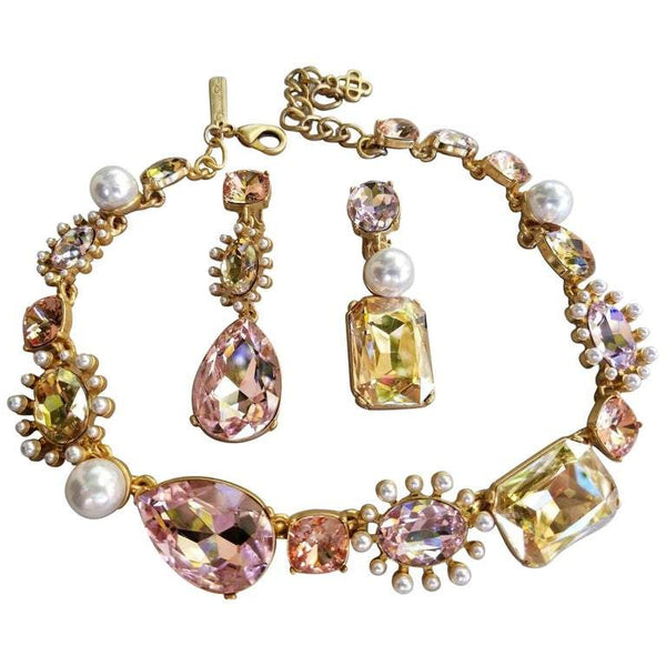 Oscar De La Renta Faux Pearls and Pink Crystals Runway Necklace and Earrings Set