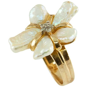 Modernist Freeform Pearl Petals Diamond Gold Cluster Ring
