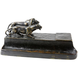 Art Deco Austrian Bronze Lion and Lioness Inkwell Desk Stand Signed F.Gornik