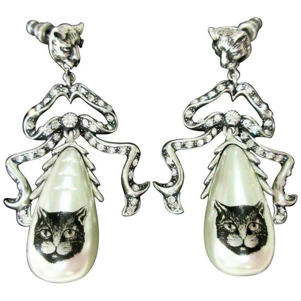 Gucci Signed Cat Panther Head Faux Pearl Bow Runway Drop Earrings Estate Jewelry