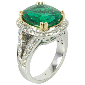 7.90 Carat Cushion Cut Emerald Diamond Gold Engagement Ring