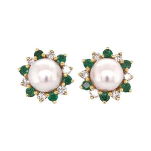 Honora Pearl Diamond and Emerald Gold Stud Earrings Fine Estate Jewelry
