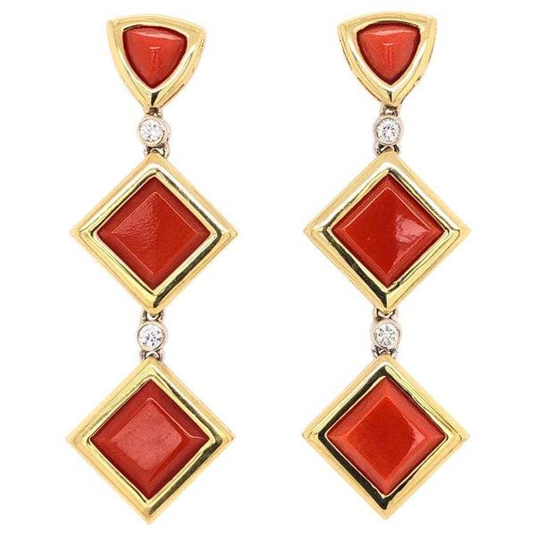 Deep Red Coral and Diamond Dangle Earrings Estate Fine Jewelry