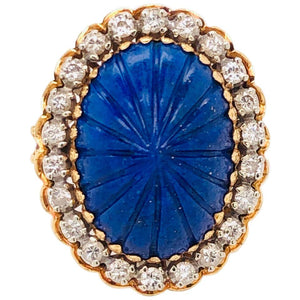 Carved Lapis Lazuli and Diamond Cocktail 18 Karat Gold Ring Estate Fine Jewelry