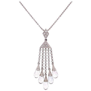 Diamond & Topaz Briolette Art Deco Style Gold Drop Necklace Estate Fine Jewelry