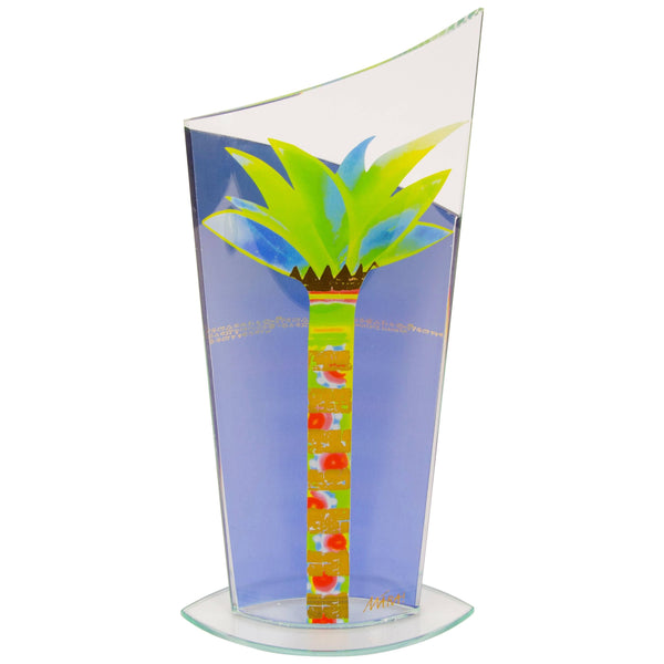Mid-Century Modern Glass Handkerchief Vase Hand-Painted Palm Tree Design