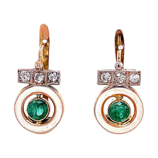 Victorian Style Emerald Diamond White Enamel Gold Earrings Fine Estate Jewelry